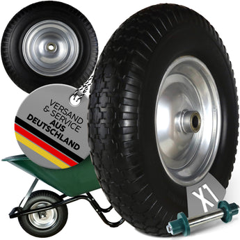 FROSAL PU Schubkarrenrad 400 (380)mm pannensicher | Rad Vollgummi Schubkarre | Ersatzrad 4.80/4.00-8 Stahlfelge silber mit Achse