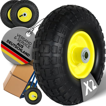 FROSAL Ersatzrad für Bollerwagen & Sackkarre – Luftreifen 4.10/3.50-4 (260x85), gelbe Stahlfelge, Kugellager, Nabenlänge 50 mm, Achsdurchmesser 16 mm 2 Stück